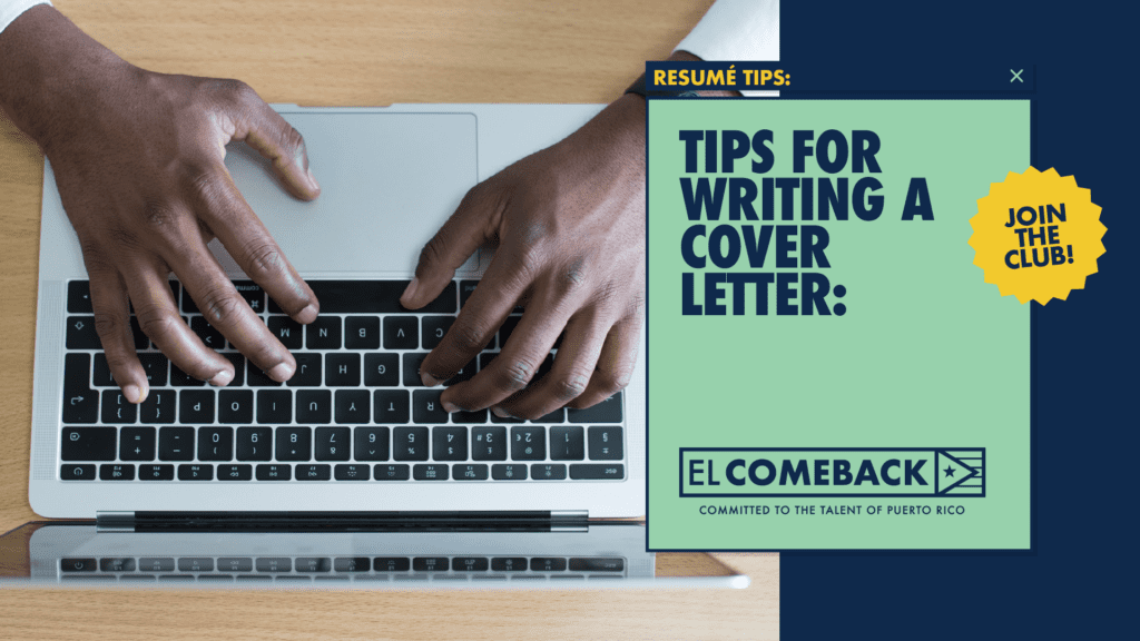 Graphic: Resumé tips for writing a cover letter with an image of two hands working on a laptop