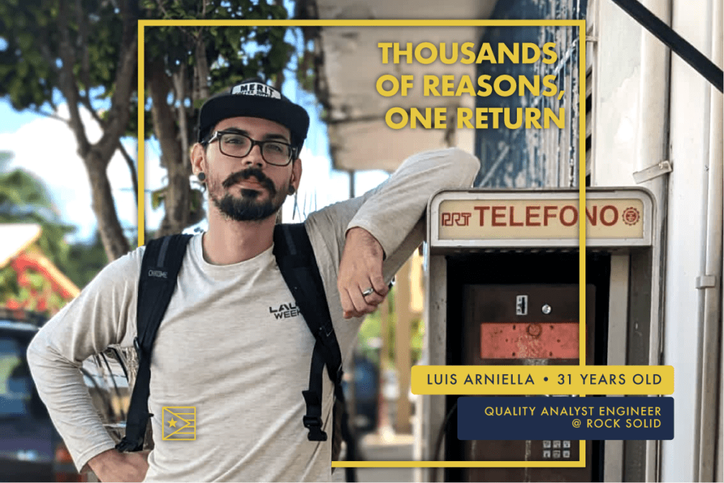 Photo of Luis Arniella, 31 years old, Quality Analyst Engineer at Rock Solid. He's standing by an old telephone booth wearing a backpack, eyeglasses and hat with a title over the image that reads 'Thousands of reasons, one return"