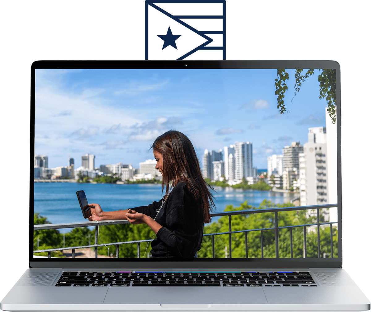 Woman on a balcony with a view of Puerto Rico's Condado lagoon landscape.