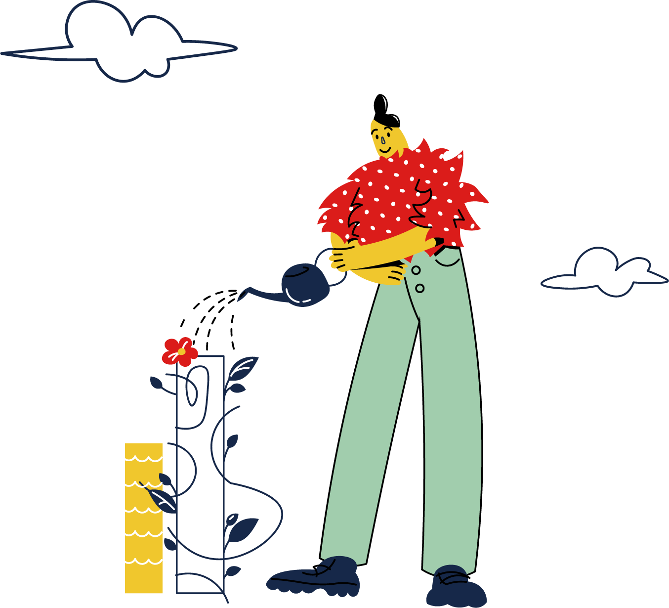 illustration of person watering plants with clouds in the sky
